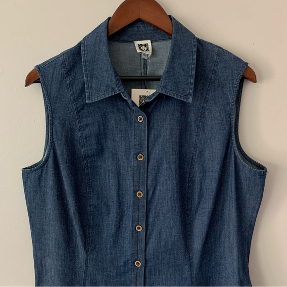 NEW Anne Klein Diana Sleeveless Collared Denim Button Up Shirt Dress Size 14 - Picture 4 of 15